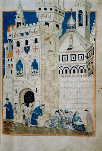 The poor of Siena welcomed to Florence, miniature from the Biadaiolo Codex